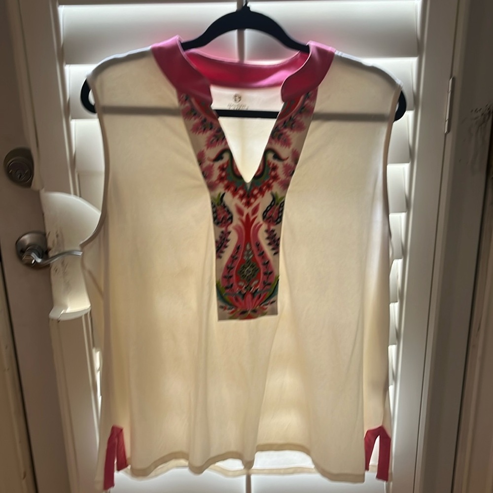 Spartina 449 XXL cream tunic top with pink flowers